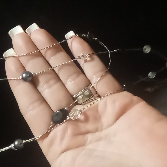 Loft long necklace 42 inches long silver tone blue faux pearl crystal cut Beaded - Picture 4 of 4